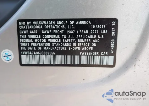 2018 Volkswagen Passat 2.0T Se from USA, damaged, VIN 1VWBA7A35JC009555